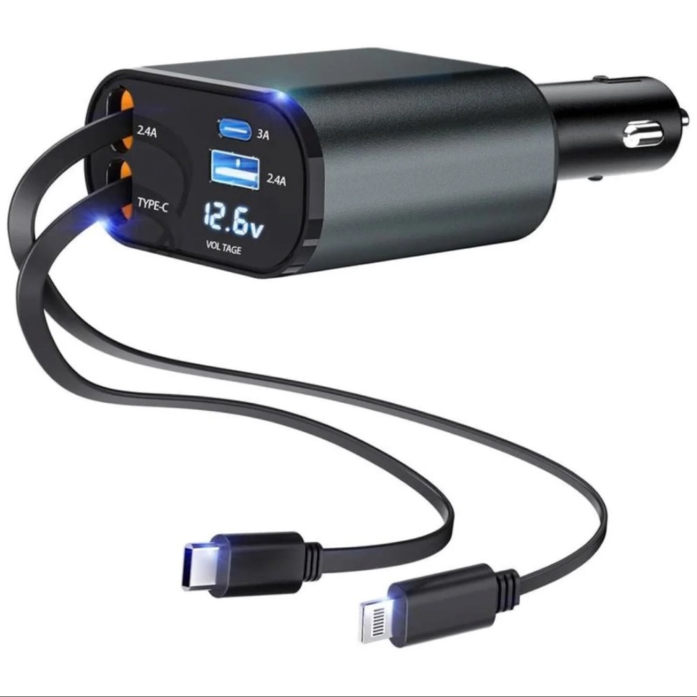 4 in 1 Retractable Car Charger USB C Lightning Cable iPhone Samsung